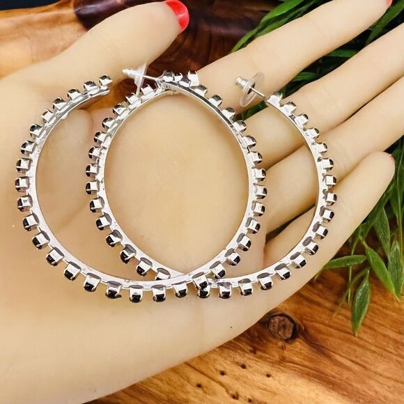 Huge Open Hoop Earrings Silver Tone Black Rhinestones Elegant Fancy 4088 - Picture 5 of 11